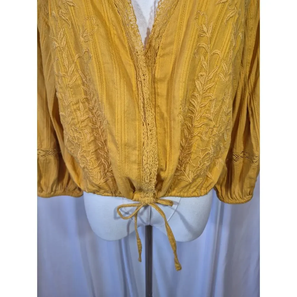 Free People Follow Your Heart Embroidered Crop Top in Gold Medium